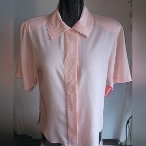 Vintage Script Pink Embroidered Detailed Short Sleeve Button-Up Blouse Size 8